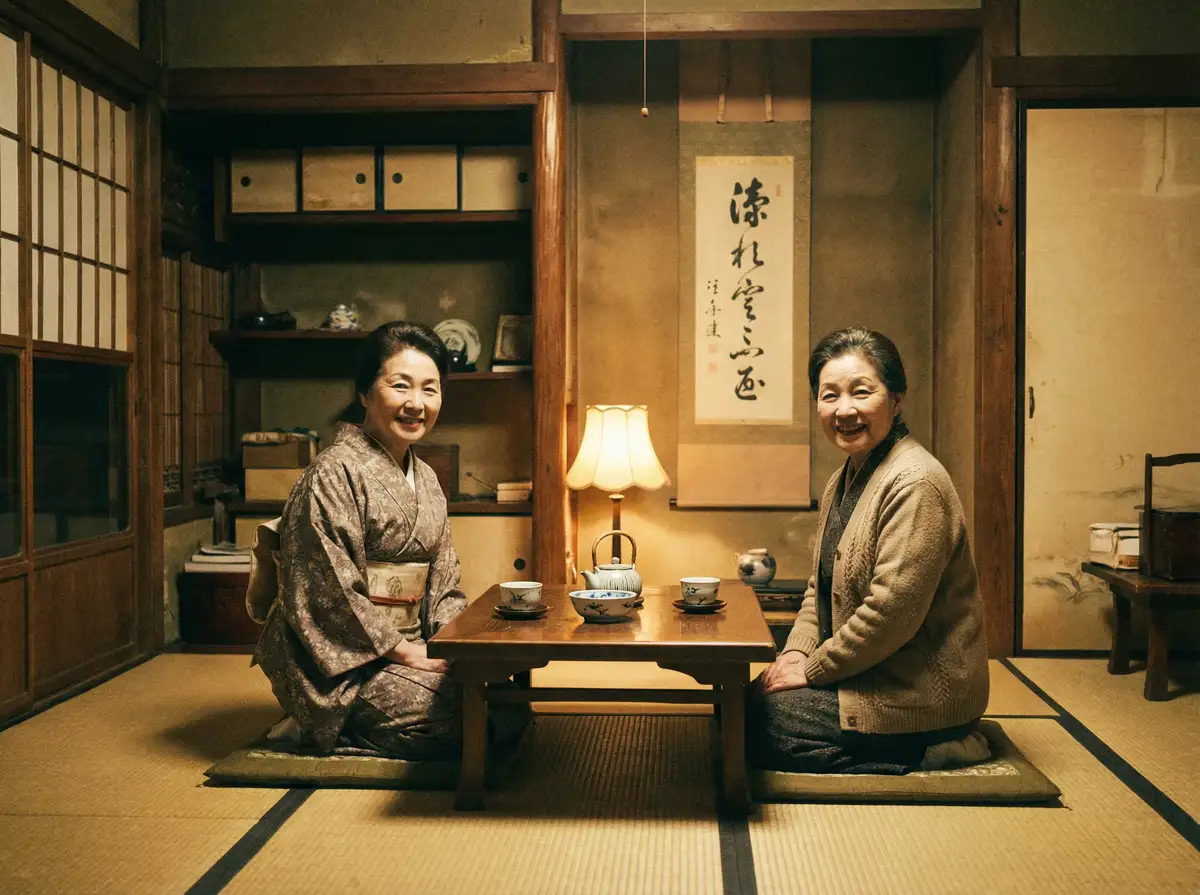 两位优雅的 羞羞动漫 在日式茶室中品茶交谈